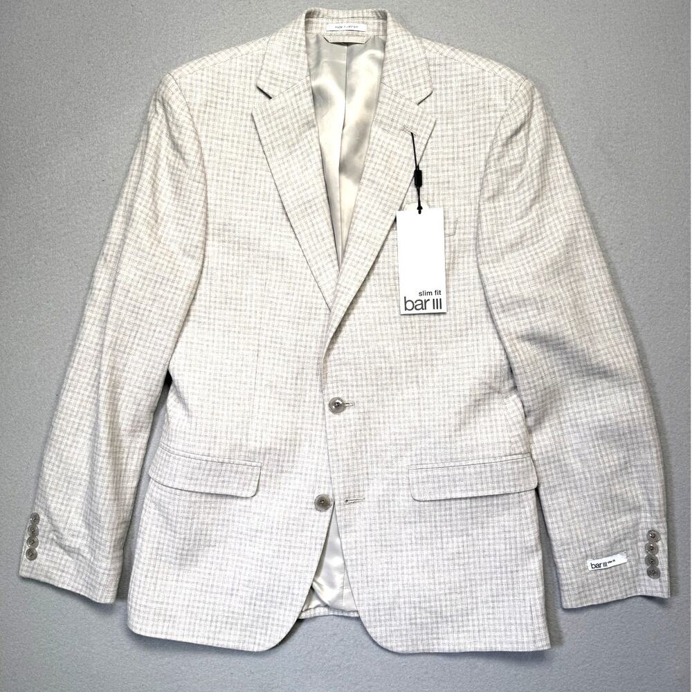 Bar III Men's Slim-Fit Linen Plaid Sport Coat Natural Grey 38R $295